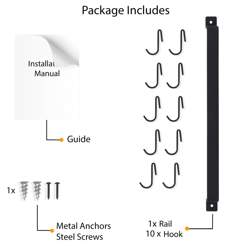 CASTO Wall Mount Kitchen Utensil Holder with S Hooks for Hanging - 17" with 10 Hooks - 30" with 15 Hooks - Black - Wallniture