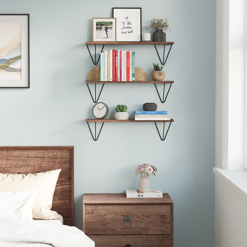 COLMAR Floating Shelves, Bookshelf for Living Room - 24"x4.5" Set of 3 - Walnut