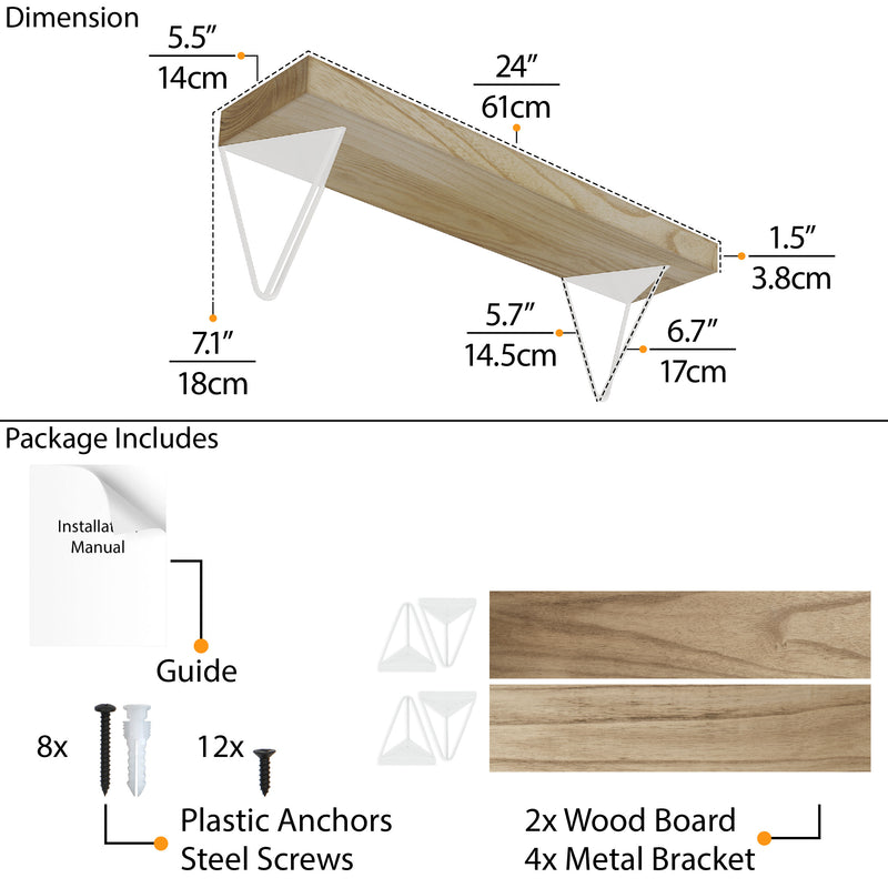 COLMAR 24" Floating Shelves for Wall Storage, Bookshelves for Living Room - Set of 2, or 3 - Burnt