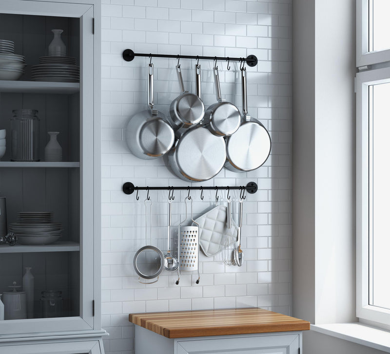 24 in. Black Wall Mounted Kitchen Pot Rack with 10-Hooks