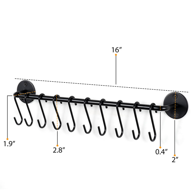 CUCINA Kitchen Utensil Holder with 10 S Hooks for Hanging, Wall Mount Pot Lid Organizer - 16” Length - Black - Wallniture