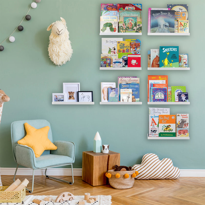 DENVER Floating Shelves Wall Bookshelf for Kids and Nursery Decor – 17” Length x 3.8" Depth – Set of 8 - White - Wallniture