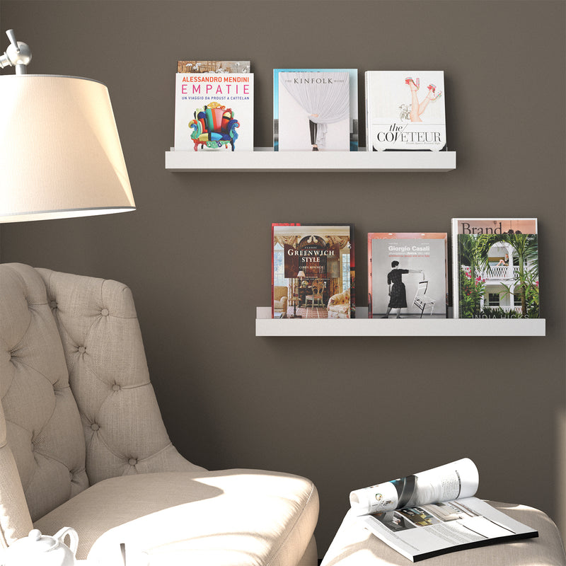 DENVER Floating Shelves Wall Bookshelf and Picture Ledge – 34” Length x 5" Depth – Set of 2 – White - Wallniture