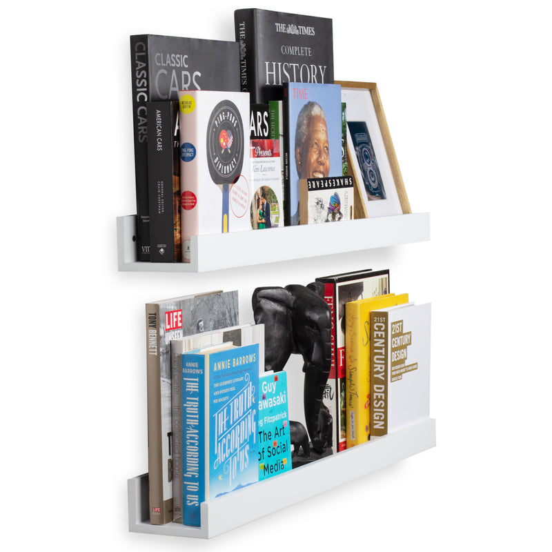 DENVER Floating Shelves Wall Bookshelf and Picture Ledge – 34” Length x 5" Depth – Set of 2 – White - Wallniture