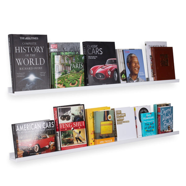 DENVER Floating Shelves Wall Bookshelf and Picture Ledge – 60” Length x 3.7" Depth – Set of 2 – White - Wallniture