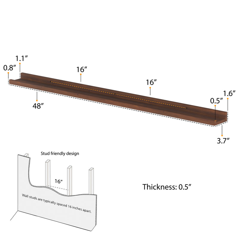 DENVER Floating Shelves and Picture Ledge for Bedroom Decor – 48” x 3.7" – Set of 2 – Walnut - Wallniture