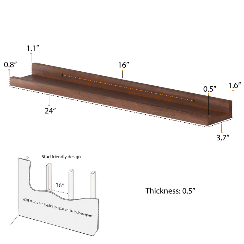 DENVER Floating Shelves and Picture Ledge for Living Room Decor – 24” x 3.7" – Set of 2 – Walnut - Wallniture