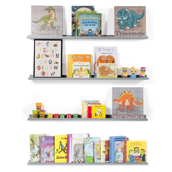 DENVER Floating Shelves Wall Bookshelf and Nursery Decor – 46” Length x 3.7" Depth – Set of 4 – Gray - Wallniture