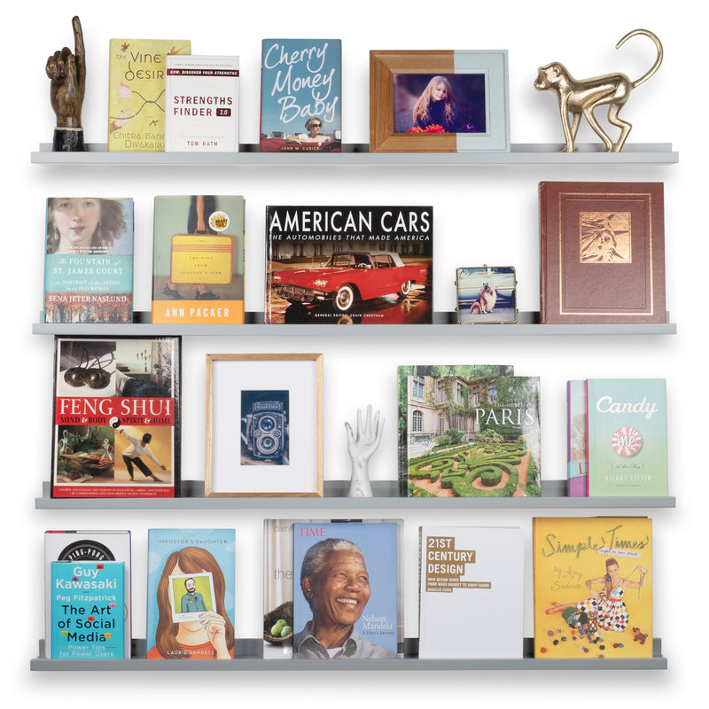 DENVER Floating Shelves Wall Bookshelf and Nursery Decor – 46” Length x 3.7" Depth – Set of 4 – Gray - Wallniture
