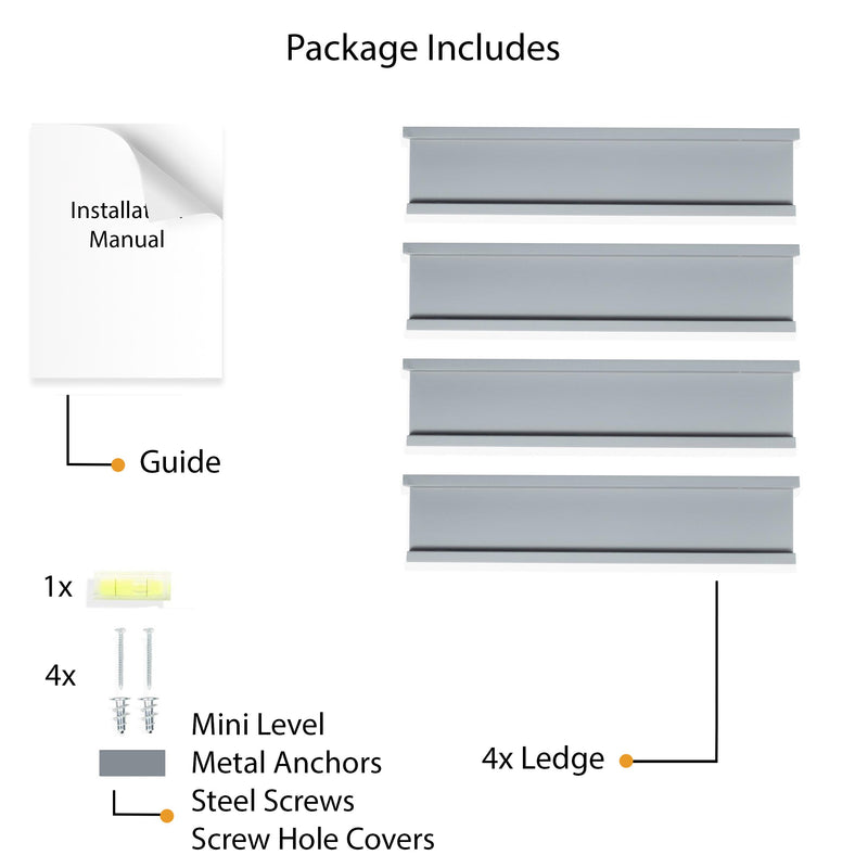 DENVER Floating Shelves Wall Bookshelf and Picture Ledge for Bedroom Decor – 17” Length x 3.6” Depth – Set of 4 – Gray, Black, White - Wallniture