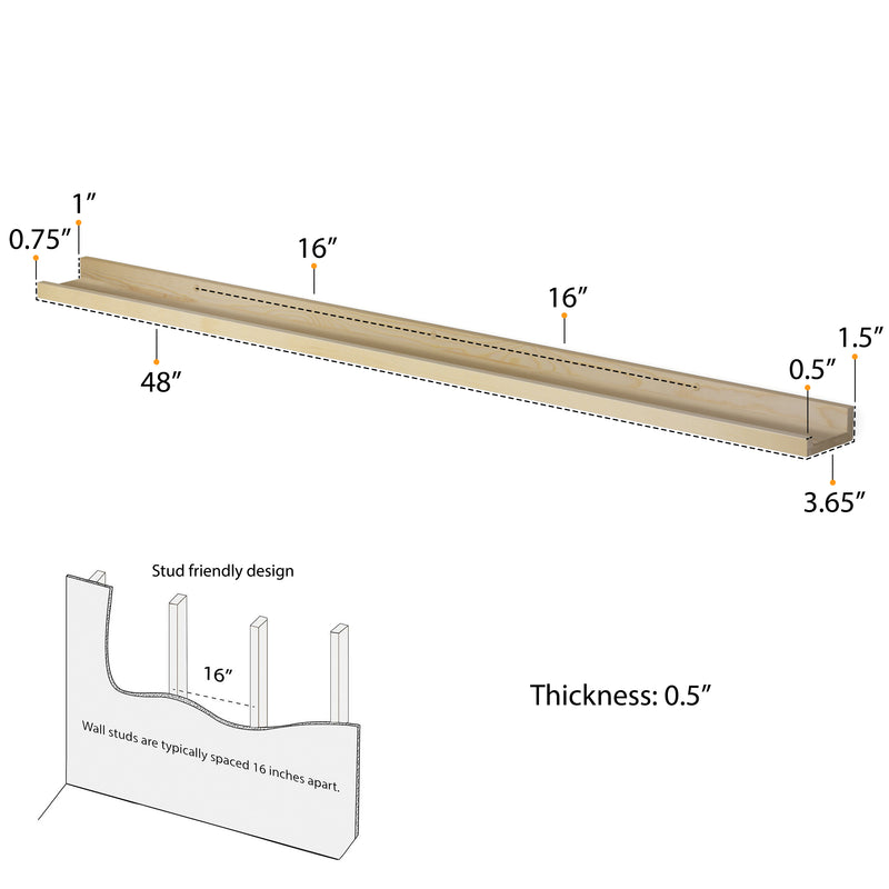 DENVER Floating Shelves and Picture Ledge for Bedroom Decor – 46” x 3.6" – Set of 2 – Natural - Wallniture