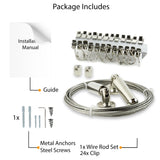 DRAPE Wire Curtain Rod and Multi-Purpose Curtain clips - 24 Clips - 196'' Length - Set of 1 or 2 - Wallniture