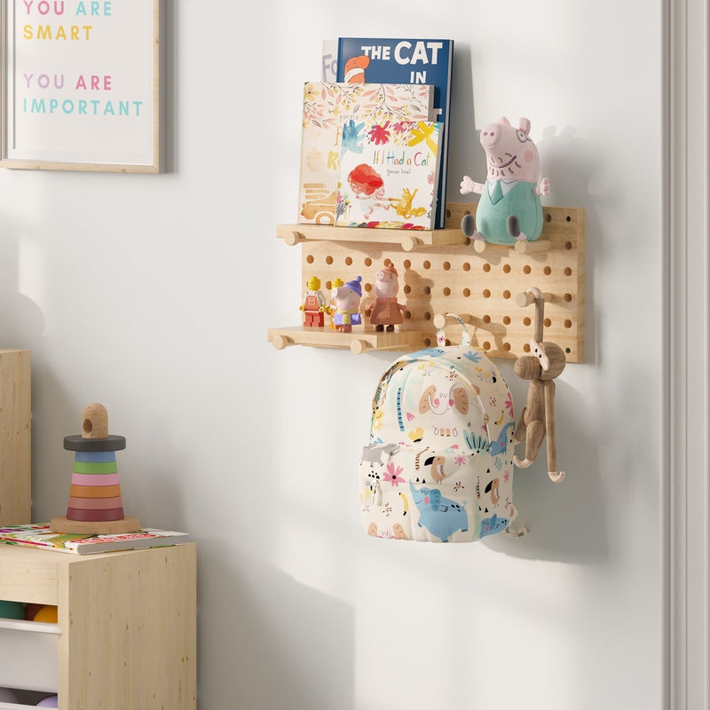ENNA Peg Board Wall Shelves & Wall Hooks for Hanging Kids Room Decor, Nursery Storage Pegboard Display for Kids Arts and Crafts- Natural Burned