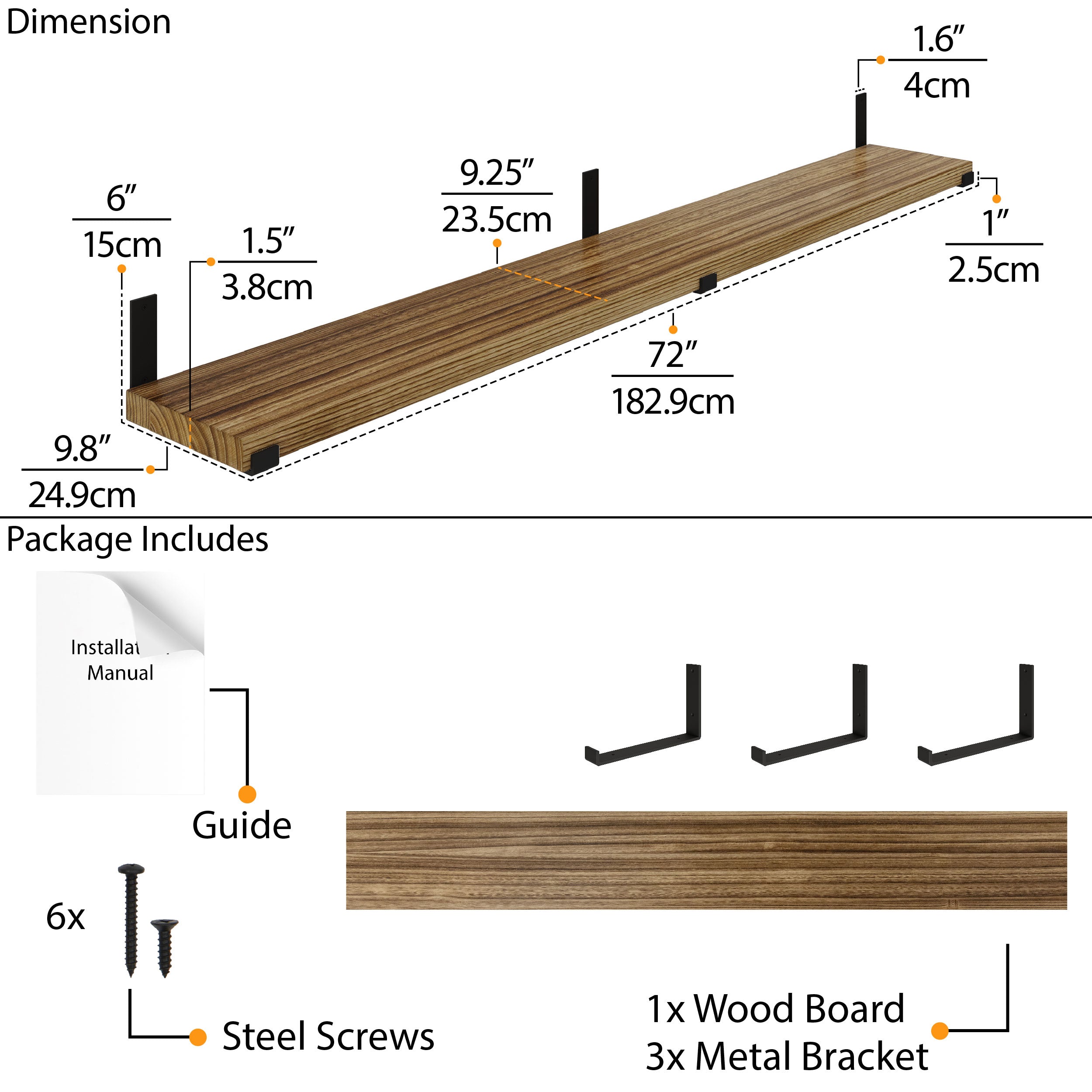 Diagram of a 72'' burnt long shelf for wall with dimensions and included parts.