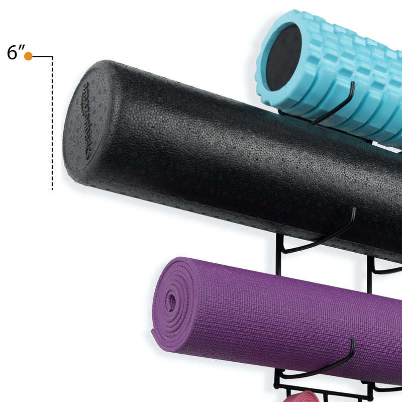 Wallniture Guru Wall Mount Yoga Mat Foam Roller and Towel Rack with 3 Hooks  for Hanging Yoga Strap and Resistance Bands, 3-Sectional Metal