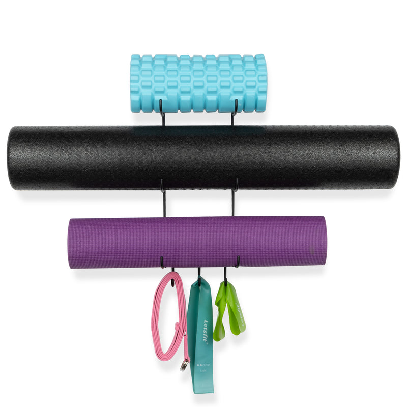 GURU 3 Sectional Wall Mount Yoga Mat And Foam Roller Rack - Set of