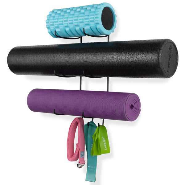 GURU 3 Sectional Wall Mount Yoga Mat And Foam Roller Rack - Set of 1, 2, or 3 - Black - Wallniture