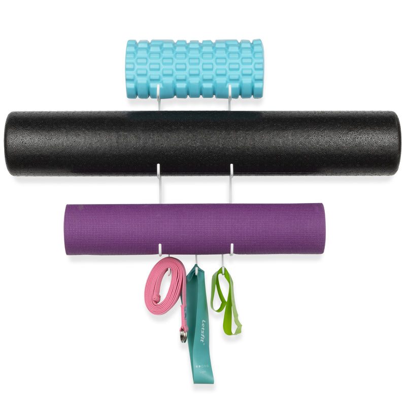 Wall Mount Yoga Mat Holder and Foam Roller Rack with 3 Hooks (Set