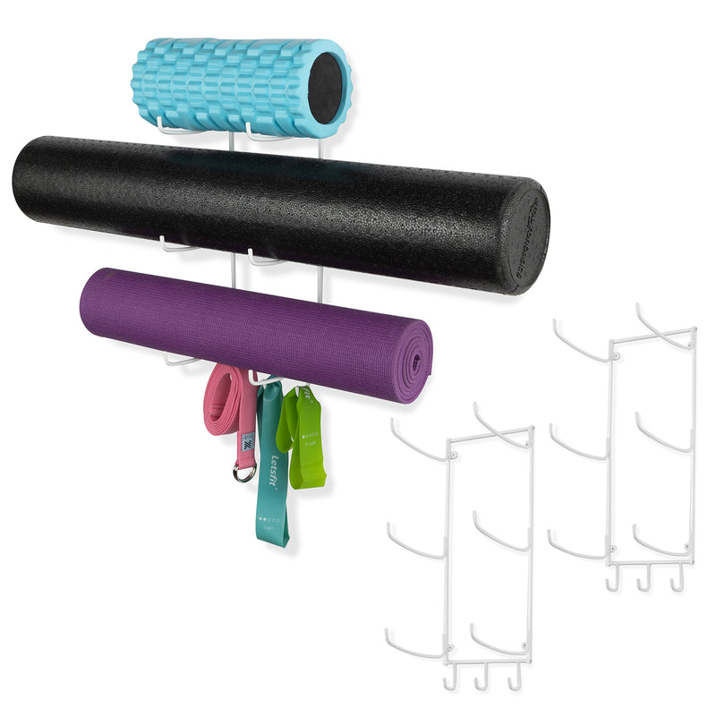 GURU Wall Mount Yoga Mat holder & Foam Roller Rack with Hooks for Hanging -  5 Sectional - Black
