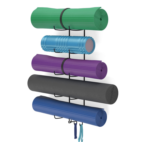 GURU Wall Mount Yoga Mat holder & Foam Roller Rack with Hooks for Hanging - 5 Sectional - Black - Wallniture