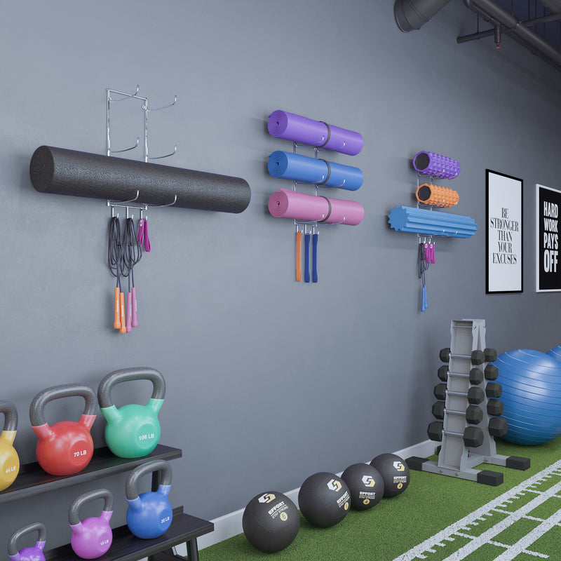 DIY yoga mat and foam roller holder for home gym. Each set of