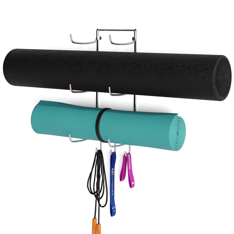 GURU 3 Sectional Wall Mount Yoga Mat And Foam Roller Rack with 3 Hooks for Hanging Resistance Bands - Chrome - Wallniture
