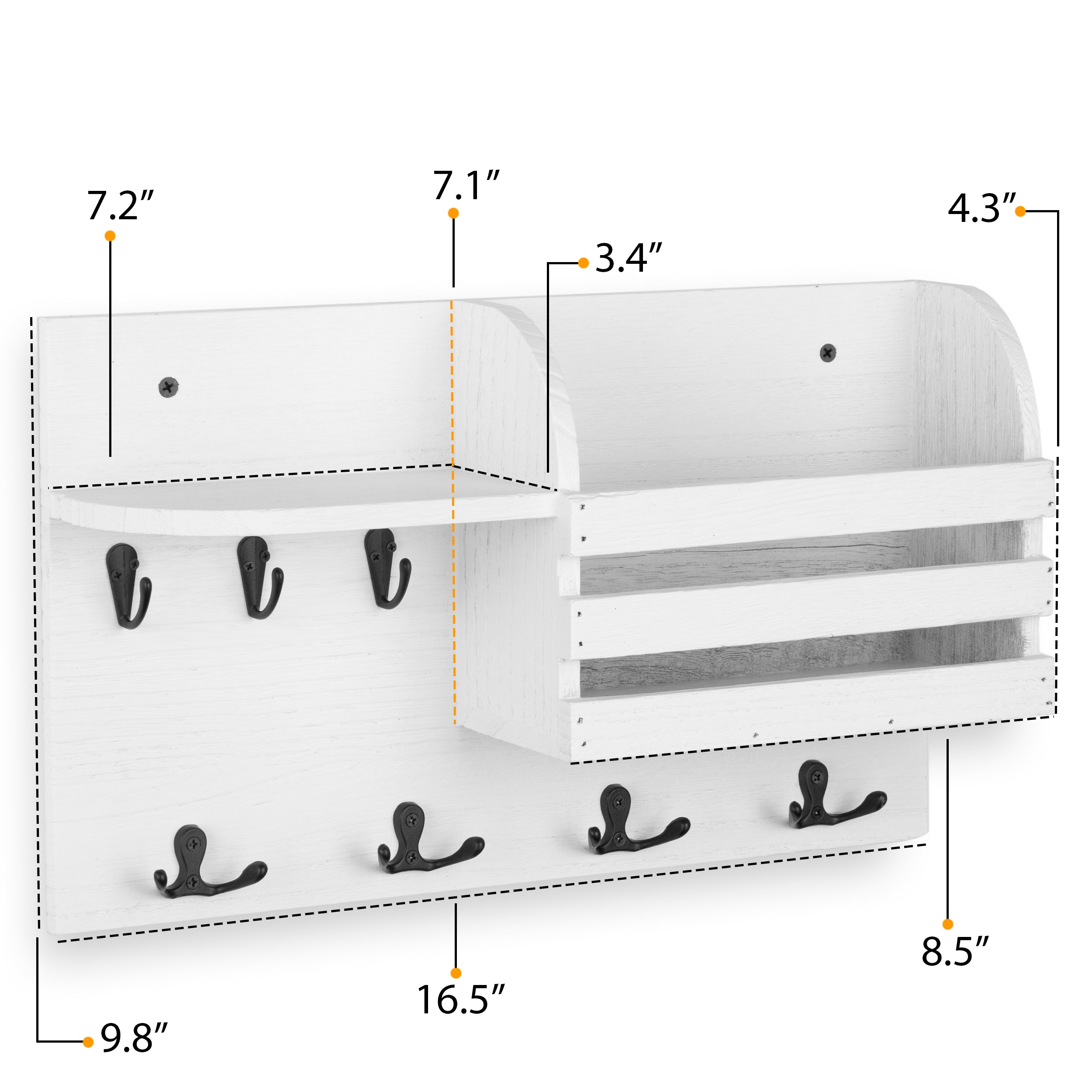 HORTA Coat Rack Entryway Organizer with Key Hooks For Hanging and Mail Holder - 16.5” Length - White - Wallniture
