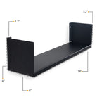 The black metal U-shaped wall mounted bookshelf measures 24" x 6" x 6" with a side height of 5.2" and a thickness of 1.2", perfect for sleek and stylish storage.