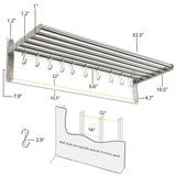 LYON Kitchen Wall Shelf with 10 S Hooks - 33.5" Long - Chrome - Wallniture