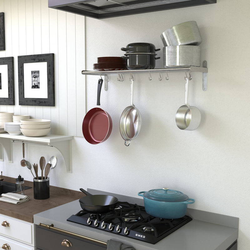 LYON Kitchen Wall Shelf with 10 S Hooks - 33.5 Long - Chrome – Wallniture
