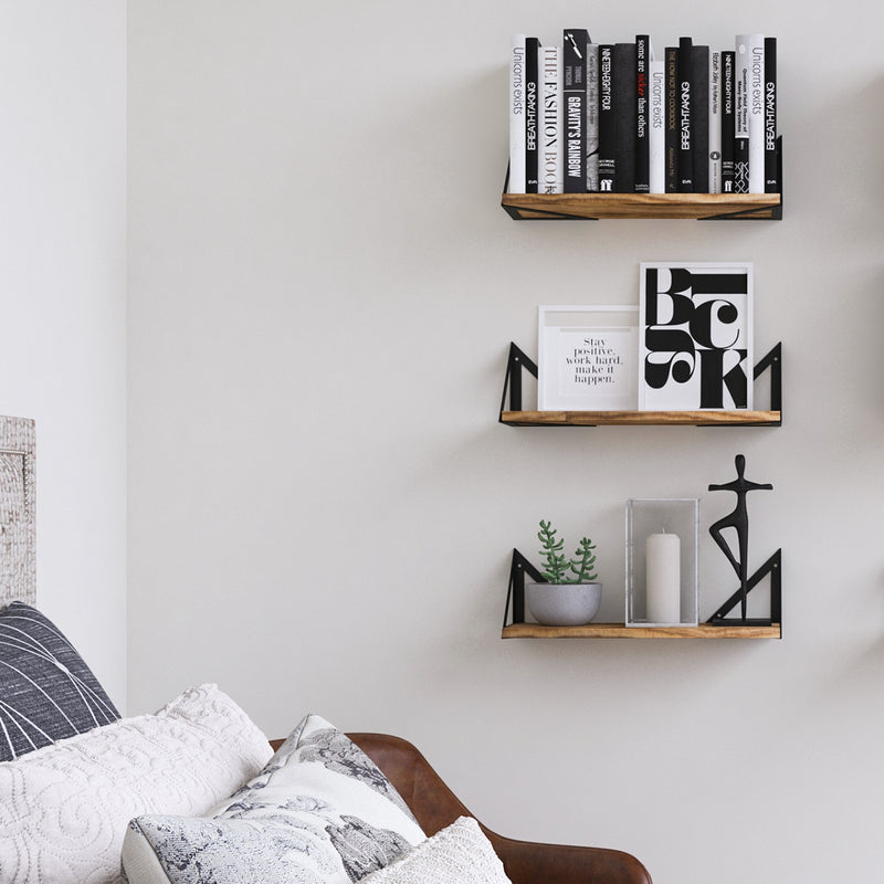 MINORI 17" Rustic Floating Shelves, Bookshelf, Geometric Triangle Shelf – Set of 3, or 4 – Natural Burned - Wallniture