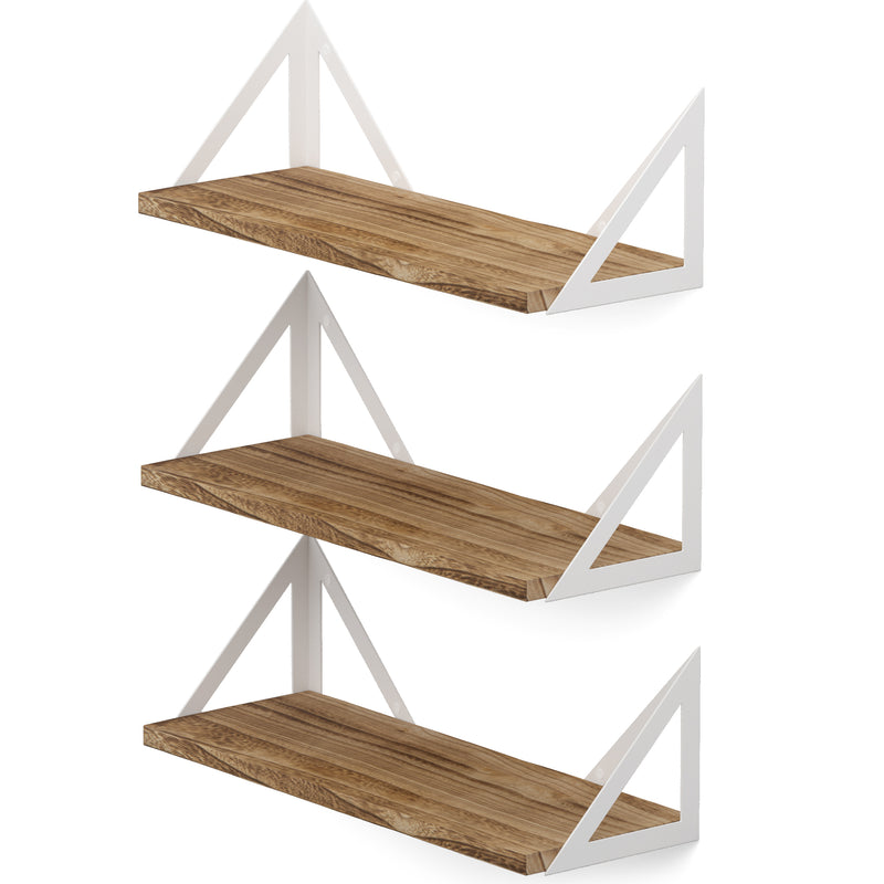 MINORI 17" Rustic Floating Shelves, Bookshelf, Geometric Triangle Shelf for Living Room Decor – Set of 2, or 3 – Burned with White Brackets - Wallniture