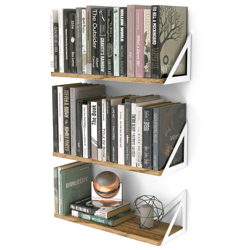 MINORI 17" Rustic Floating Shelves, Bookshelf, Geometric Triangle Shelf for Living Room Decor – Set of 2, or 3 – Burned with White Brackets - Wallniture
