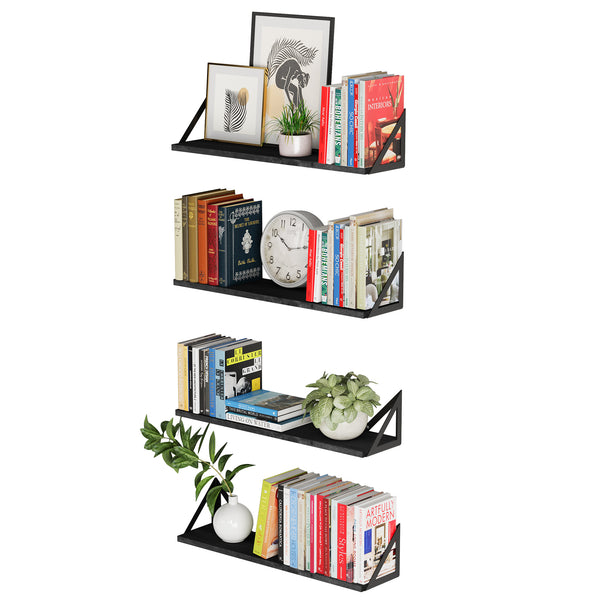 MINORI Black Floating Shelves for Living Room Decor, 24"x6" Wall Bookshelves - Set of 4 - Black