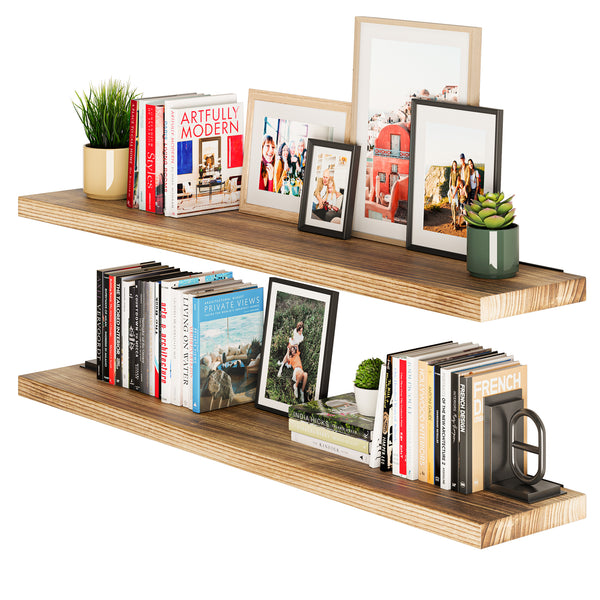 PALM 48" Floating Shelves Wood, Living Room Book Shelf for Wall Decor, and Rustic Wall Shelves -  Set of 2 - Burnt