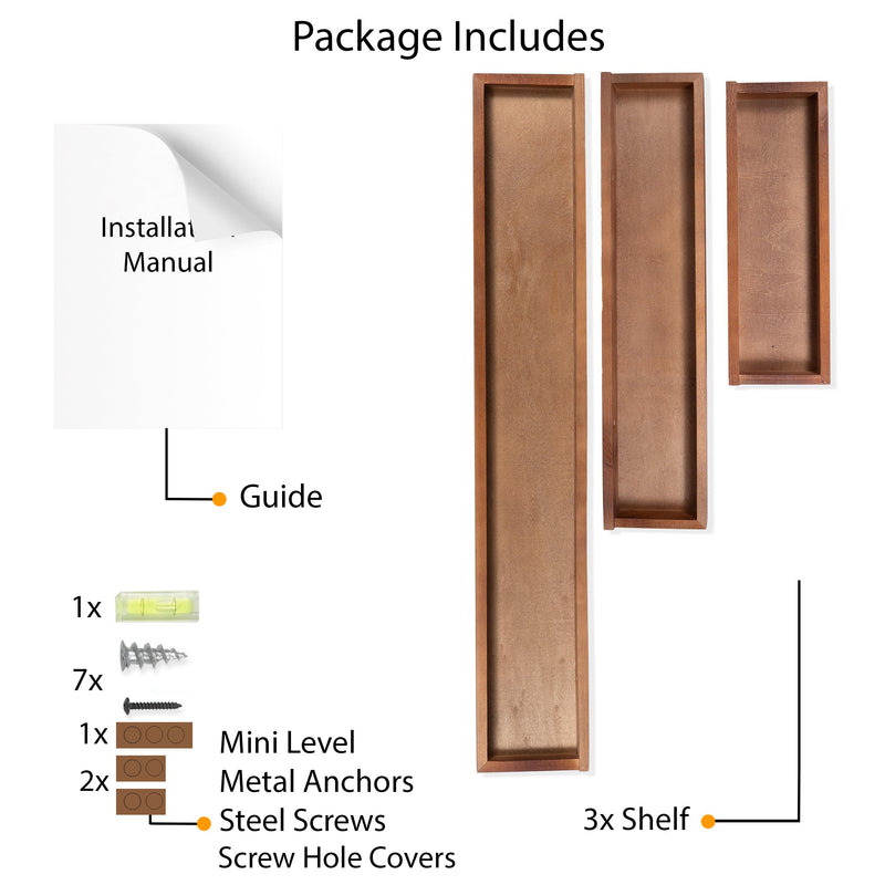 PHILLY Floating Shelves Wall Bookshelf and Picture Ledge for Bedroom Decor - Multisize - Set of 3 - Walnut - Wallniture