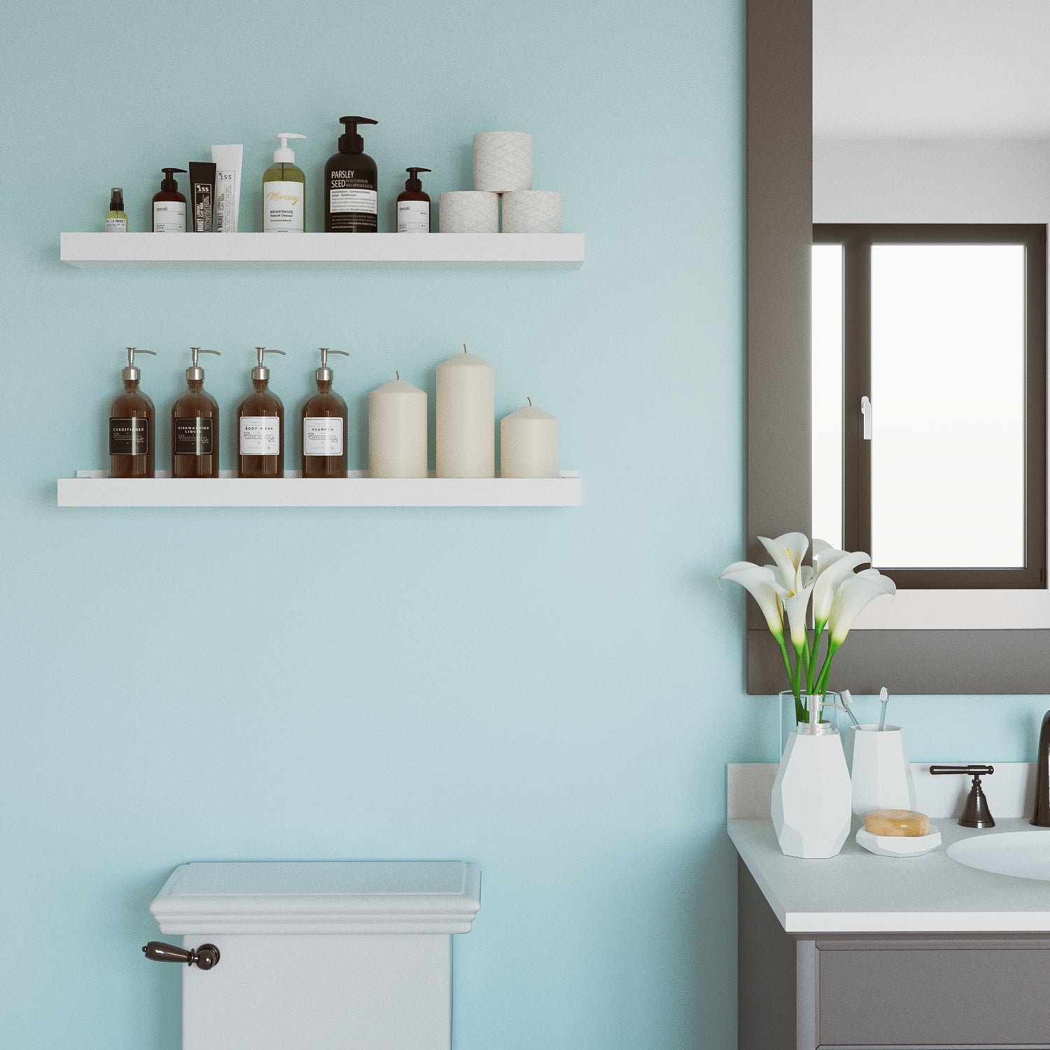 PHILLY Bathroom Shelf Set for Bathroom Decor,  Wall Mount Bathroom Organizer – 31.5” Length – Set of 2 – White - Wallniture