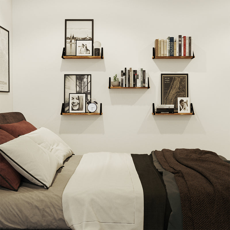 PONZA Rustic Floating Shelves and Wall Bookshelf for Bedroom Decor – Set of 5 – Natural Burned - Wallniture