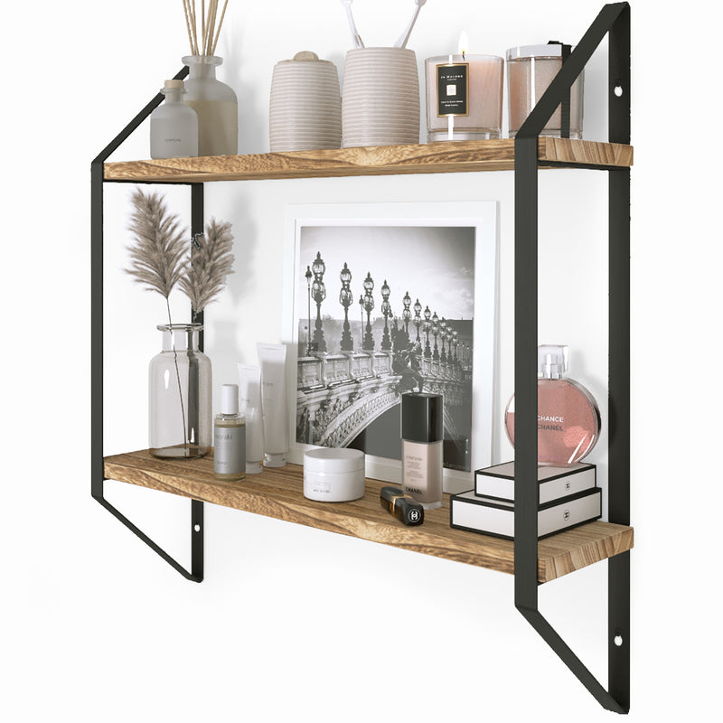 2 Tier Wall Mounted Torched Wood Bathroom Shelf Organizer with Hanging  Towel Bar