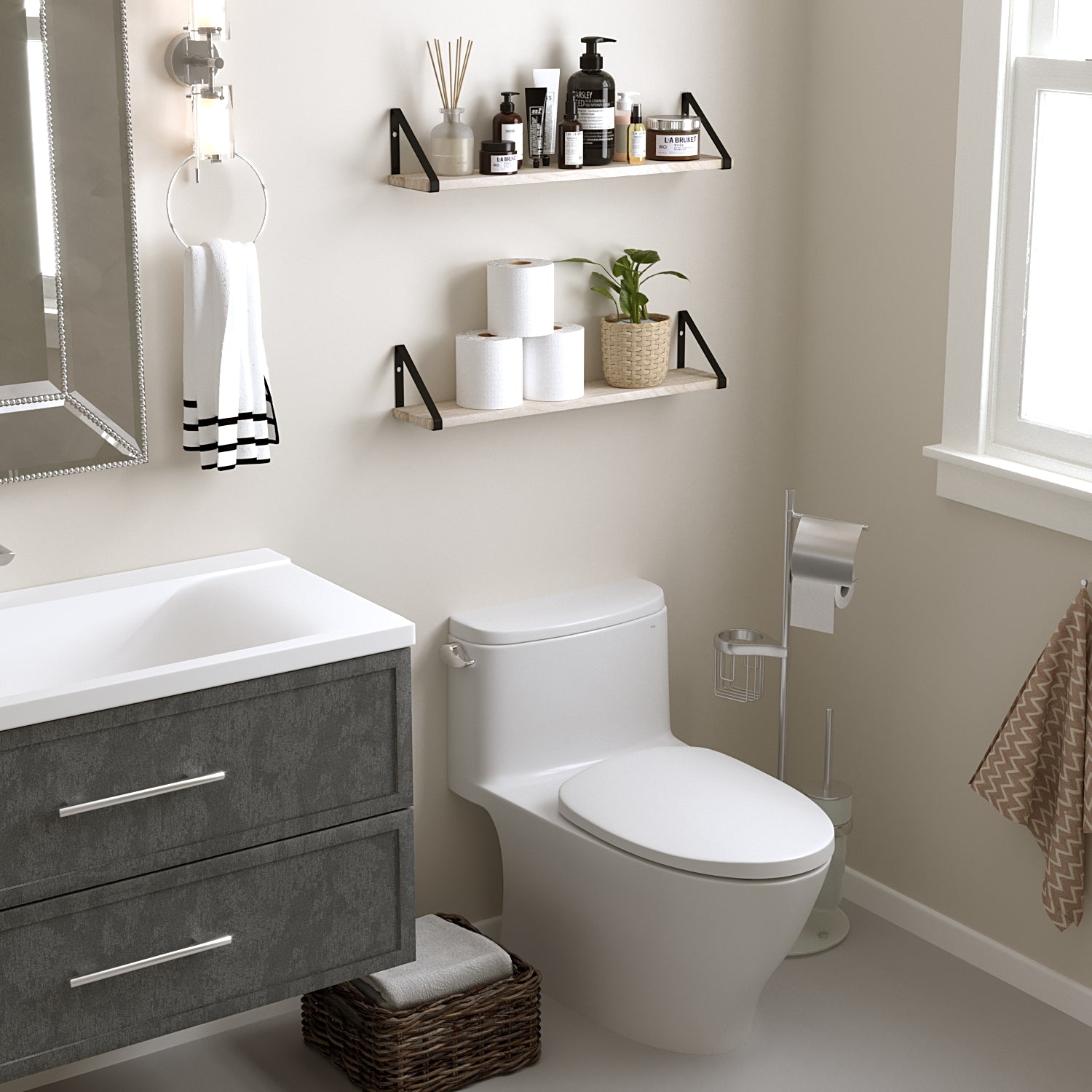 PONZA Bathroom Shelf for Bathroom Decor, Wall Bathroom Organizer – 24” Length – Set of 2 - Natural - Wallniture