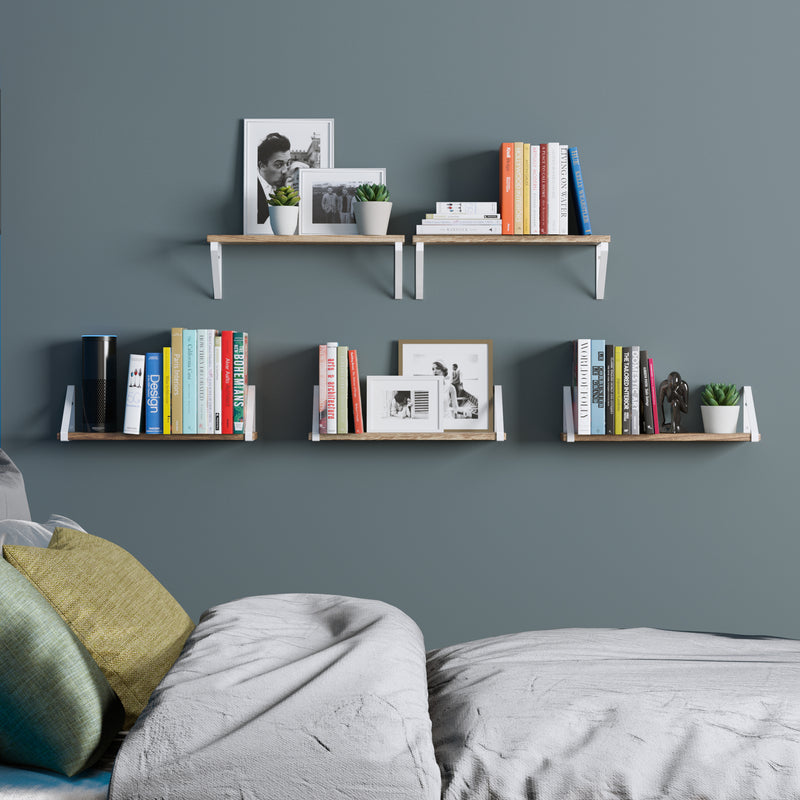 PONZA Floating Shelves for Wall Storage, Floating Bookshelf, Wood Wall Shelves for Living Room - Set of 5