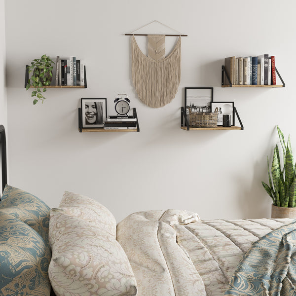PONZA Floating Shelves, 17"x8" Wood Wall Shelves for Bedroom - Set of 4 - Burnt