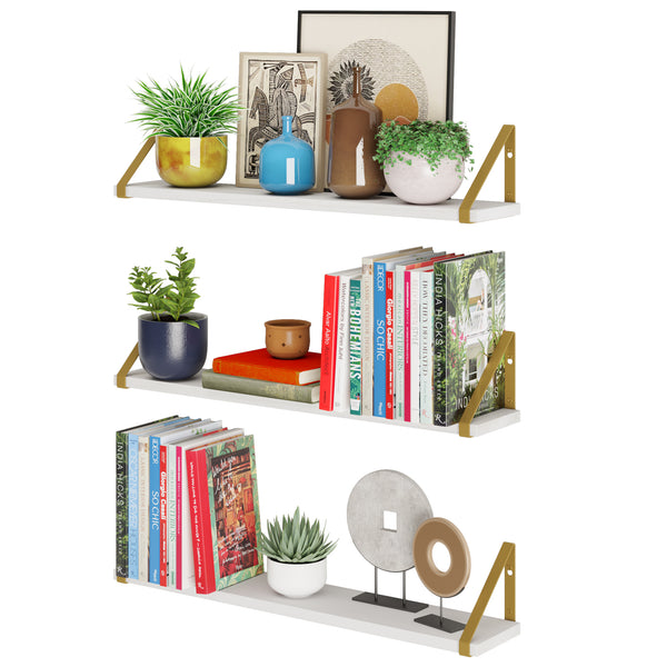 PONZA White Floating Shelves for Wall, 24" Wall Shelves for Living Room Decor - Golden Brackets
