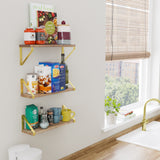PONZA Rustic Floating Shelves for Wall Decor, Bookshelf Living Room - Set of 3 - 17", or 24" - Golden Brackets