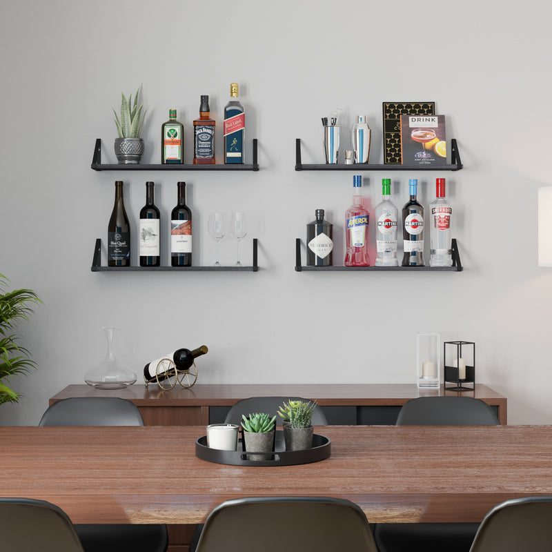 PONZA 24" Floating Shelves for Living Room Wall Decor - Set of 4 - Black