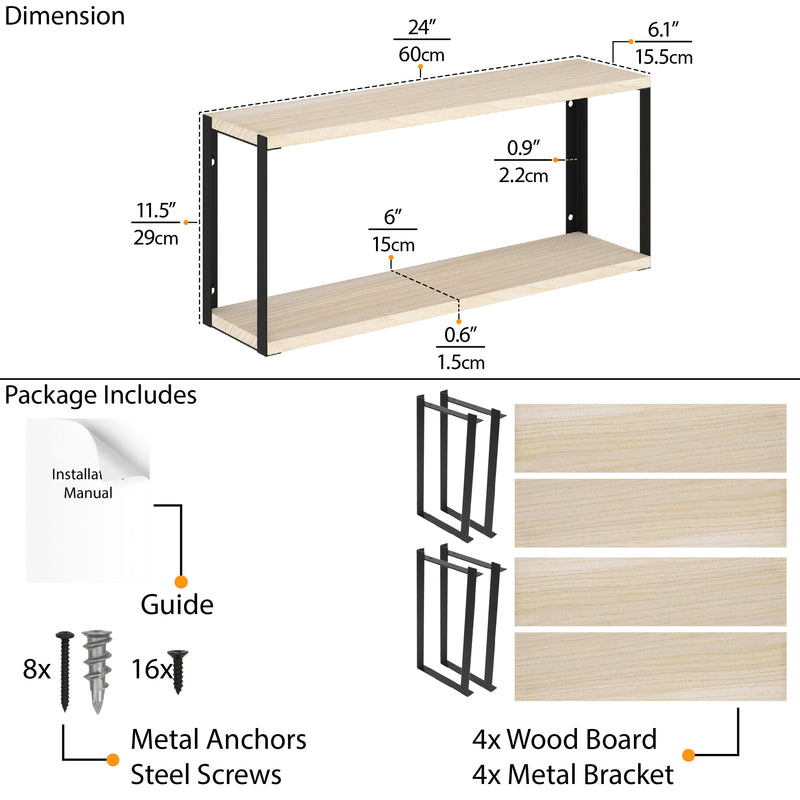 Roca 24x6 Bookshelves for Living Room Decor, 2-Tier Floating