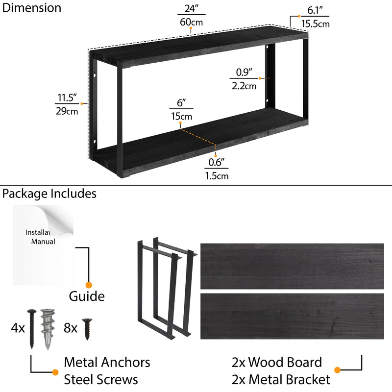 Roca 24"x6" Bookshelves for Living Room Decor, 2-Tier Floating Shelves - Black - Set of 1, or 2