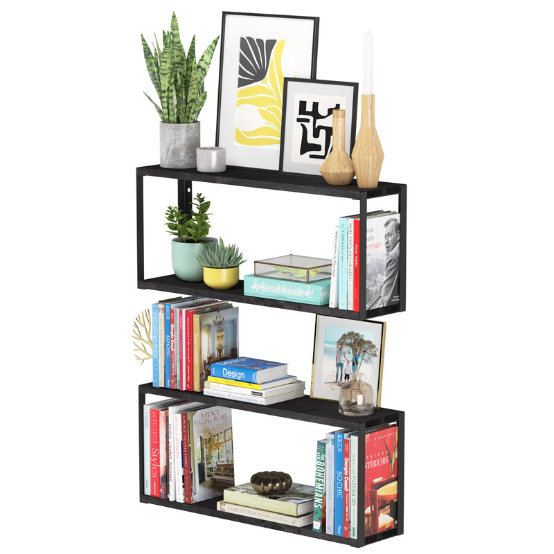 Roca 24"x6" Bookshelves for Living Room Decor, 2-Tier Floating Shelves - Black - Set of 1, or 2