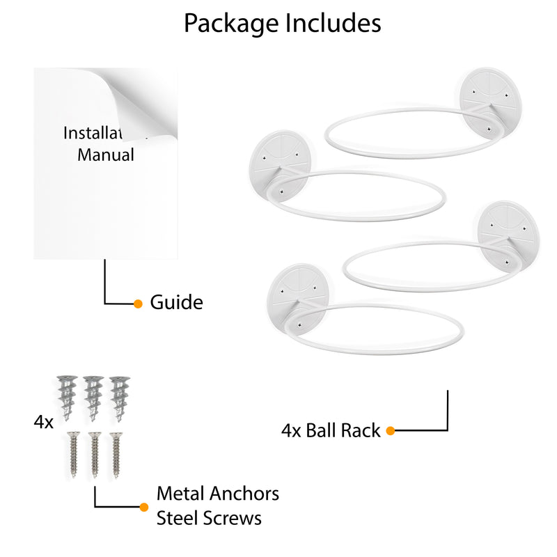 SPORTA Wall Mounted Sports Ball Holder Rack Display Storage - Set of 1, 3, or 4 - White - Wallniture