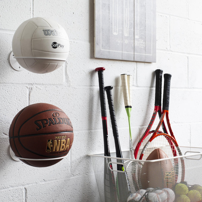 SPORTA Wall Mounted Sports Ball Holder Rack Display Storage - Set of 1, 3, or 4 - White - Wallniture